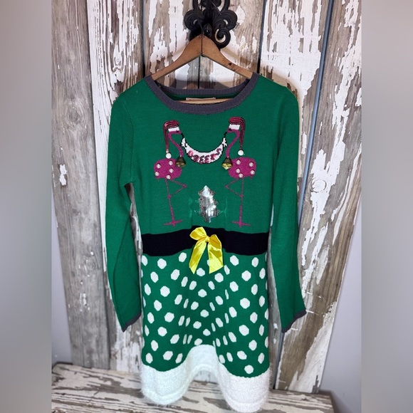 Tiara International Flamingo Cheers Christmas Dress size Medium NWT Bells - Picture 5 of 7